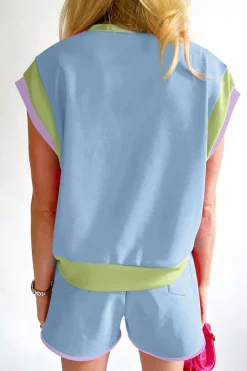 Outlet Dear-Lover Contrast Trim Cap Sleeve Tee Shorts Set Blue