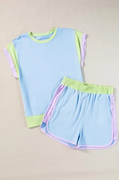 Outlet Dear-Lover Contrast Trim Cap Sleeve Tee Shorts Set Blue