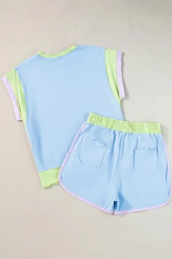Outlet Dear-Lover Contrast Trim Cap Sleeve Tee Shorts Set Blue
