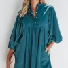 Clearance Dear-Lover Corduroy Snap Buttons Empire Waist Bracelet Sleeve Dress Blue