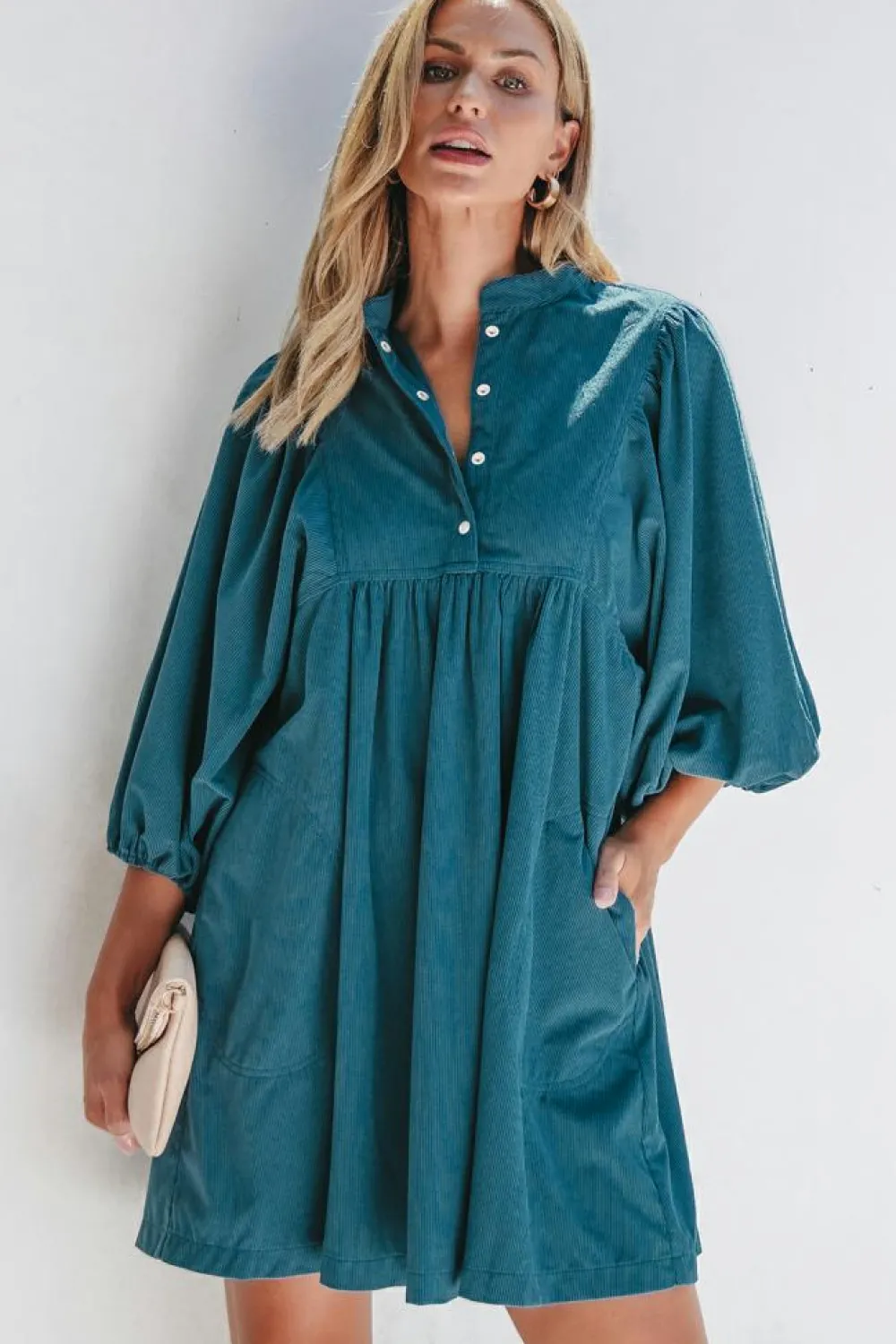 Clearance Dear-Lover Corduroy Snap Buttons Empire Waist Bracelet Sleeve Dress Blue