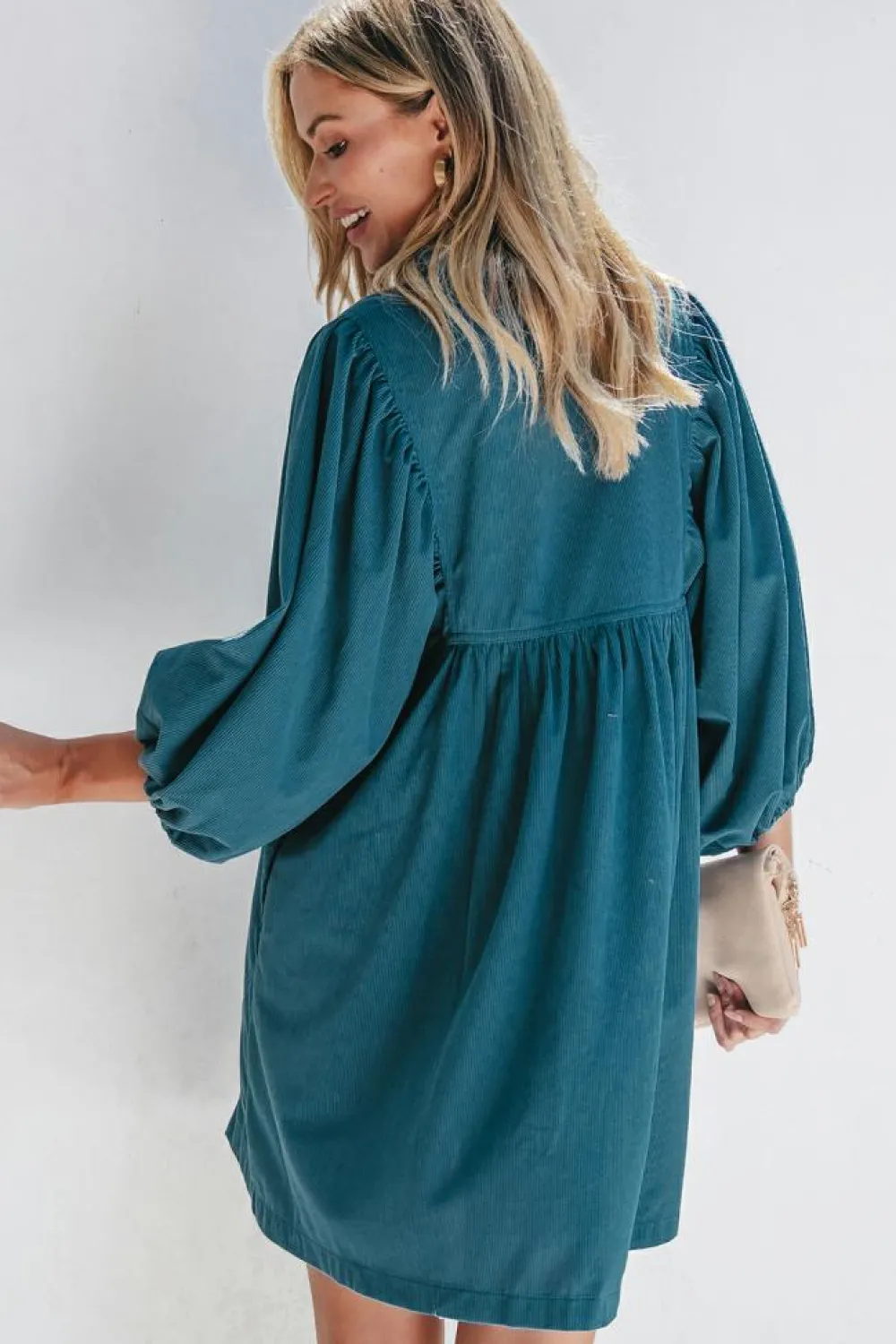 Clearance Dear-Lover Corduroy Snap Buttons Empire Waist Bracelet Sleeve Dress Blue