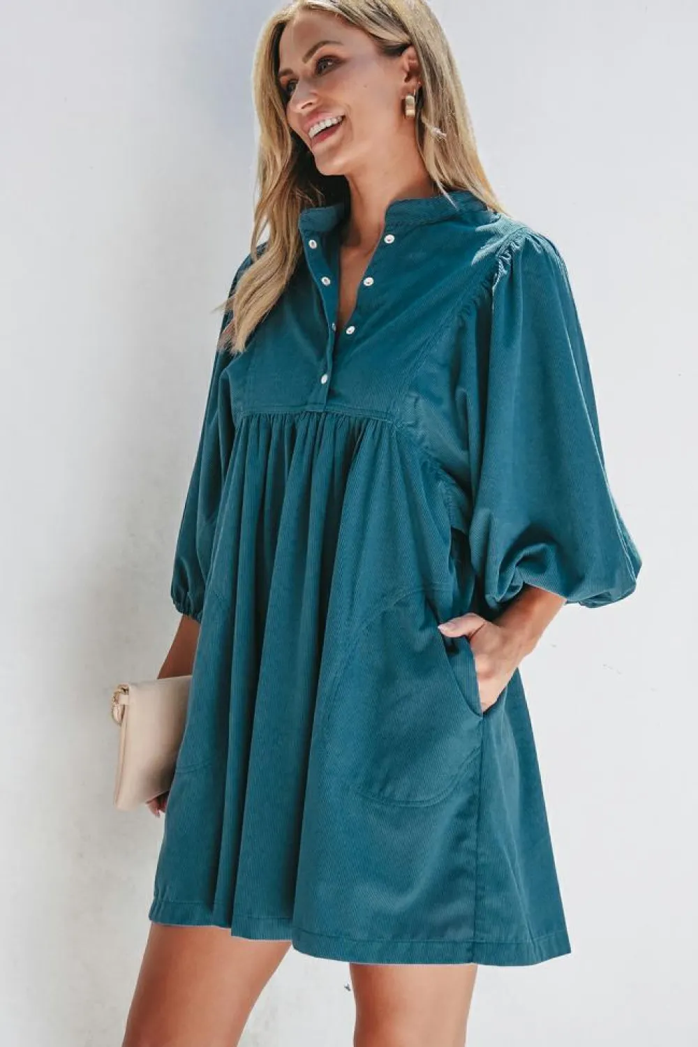 Clearance Dear-Lover Corduroy Snap Buttons Empire Waist Bracelet Sleeve Dress Blue