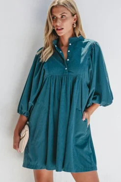 Clearance Dear-Lover Corduroy Snap Buttons Empire Waist Bracelet Sleeve Dress Blue