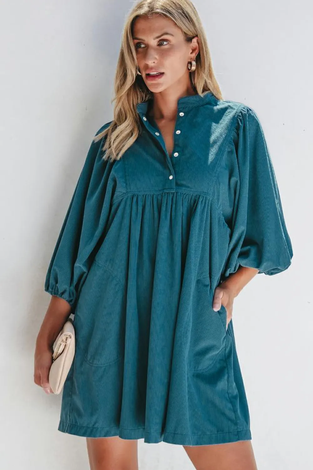 Clearance Dear-Lover Corduroy Snap Buttons Empire Waist Bracelet Sleeve Dress Blue