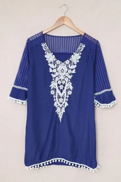 Best Dear-Lover Crochet Pom Pom Trim Beach Tunic Cover up Blue