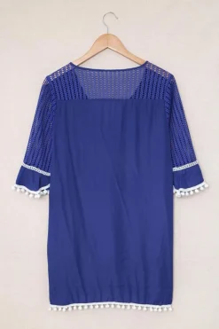Best Dear-Lover Crochet Pom Pom Trim Beach Tunic Cover up Blue