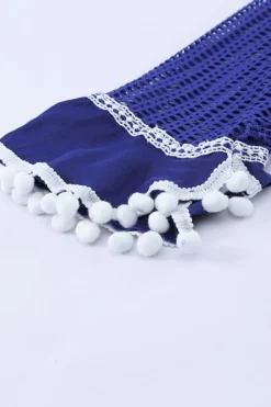 Best Dear-Lover Crochet Pom Pom Trim Beach Tunic Cover up Blue
