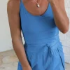 Best Dear-Lover Crossed Spaghetti Straps Drawstring Waist Sporty Romper Blue