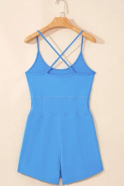 Best Dear-Lover Crossed Spaghetti Straps Drawstring Waist Sporty Romper Blue