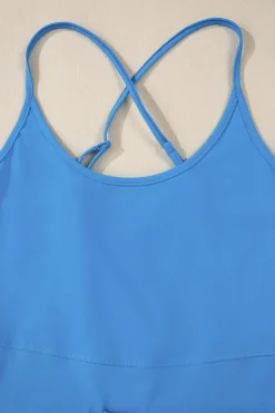 Best Dear-Lover Crossed Spaghetti Straps Drawstring Waist Sporty Romper Blue