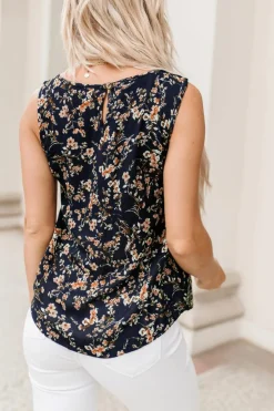Online Dear-Lover Cutout Decor Round Neck Floral Tank Top Blue