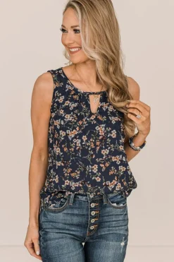 Online Dear-Lover Cutout Decor Round Neck Floral Tank Top Blue