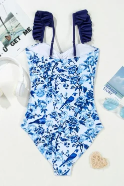 Clearance Dear-Lover Cutout Ruffled Spaghetti Strap One-Piece Swimwear Blue