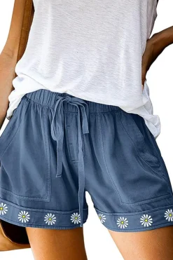 Clearance Dear-Lover Daisy Print Drawstring Waist Shorts with Pockets Blue