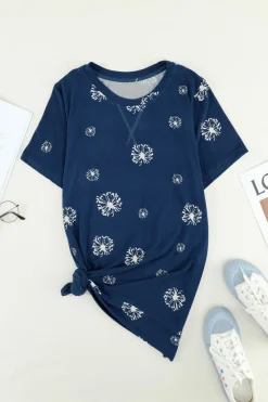 Discount Dear-Lover Dandelion Print Crew Neck T-shirt Blue