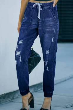 Best Dear-Lover Distress Drawstring Pocketed Joggers Blue