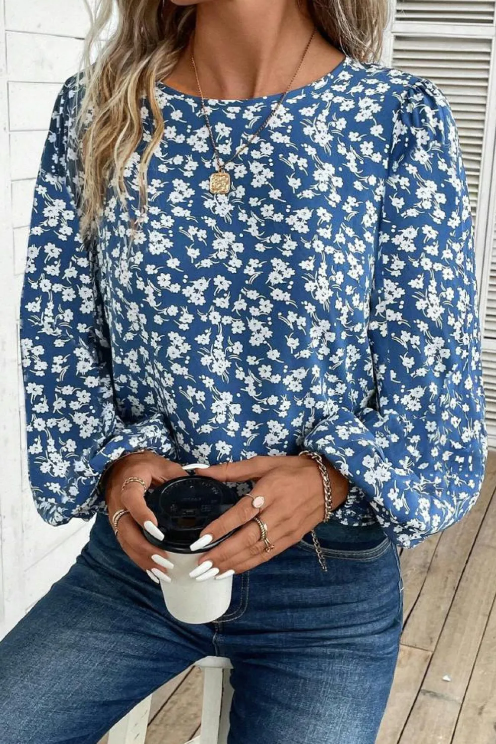 Best Dear-Lover Ditsy Floral Print Lantern Sleeve Blouse Blue