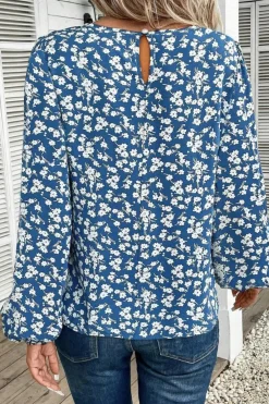 Best Dear-Lover Ditsy Floral Print Lantern Sleeve Blouse Blue