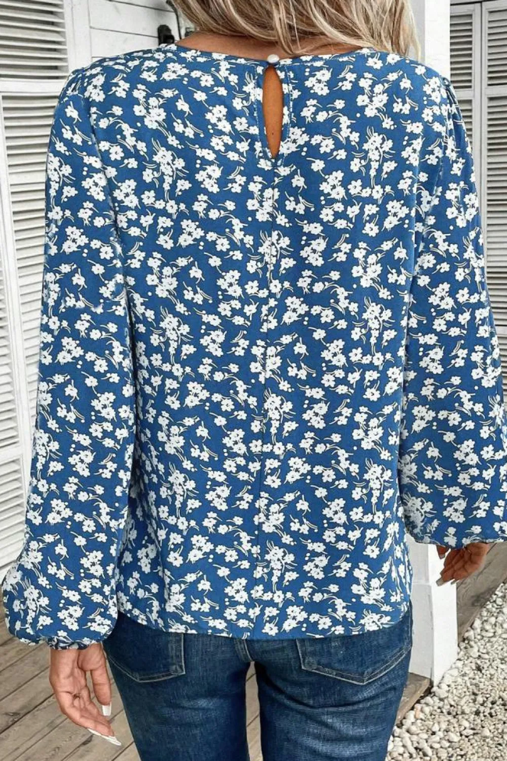 Best Dear-Lover Ditsy Floral Print Lantern Sleeve Blouse Blue