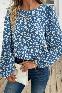 Best Dear-Lover Ditsy Floral Print Lantern Sleeve Blouse Blue
