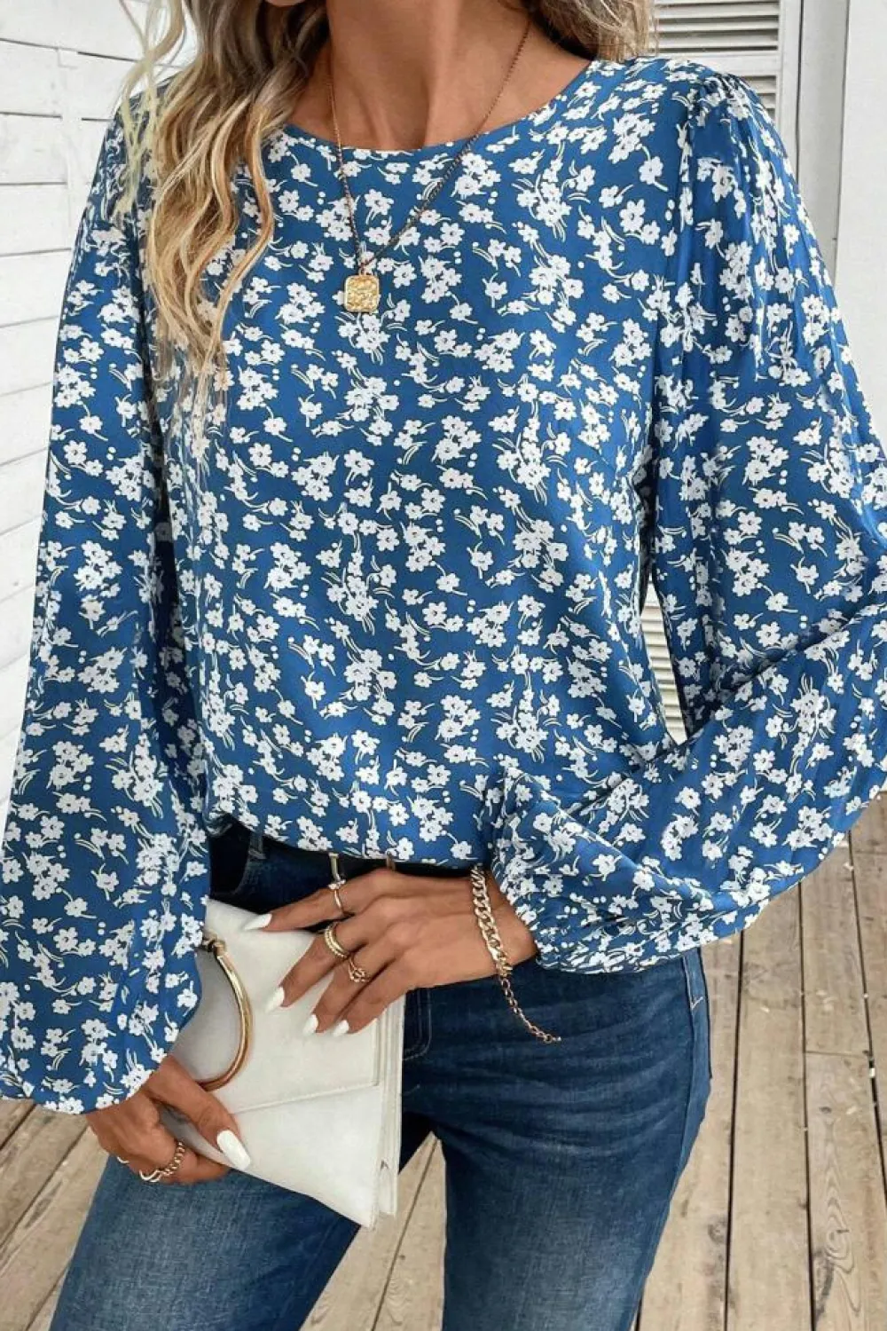 Best Dear-Lover Ditsy Floral Print Lantern Sleeve Blouse Blue