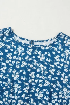 Best Dear-Lover Ditsy Floral Print Lantern Sleeve Blouse Blue