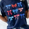 New Dear-Lover Diverse Bowknot Print Independent Day Graphic Tee Blue