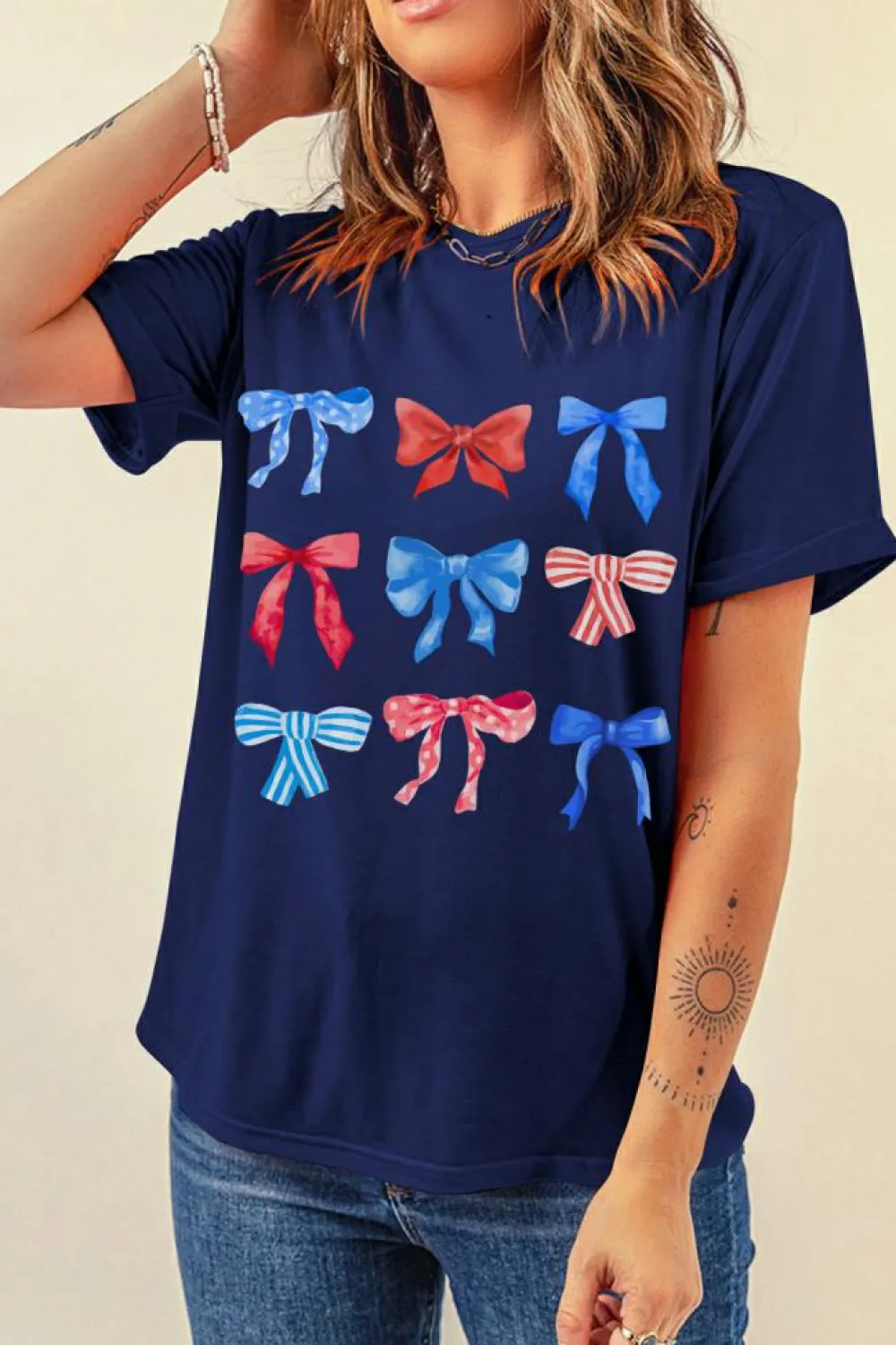 New Dear-Lover Diverse Bowknot Print Independent Day Graphic Tee Blue