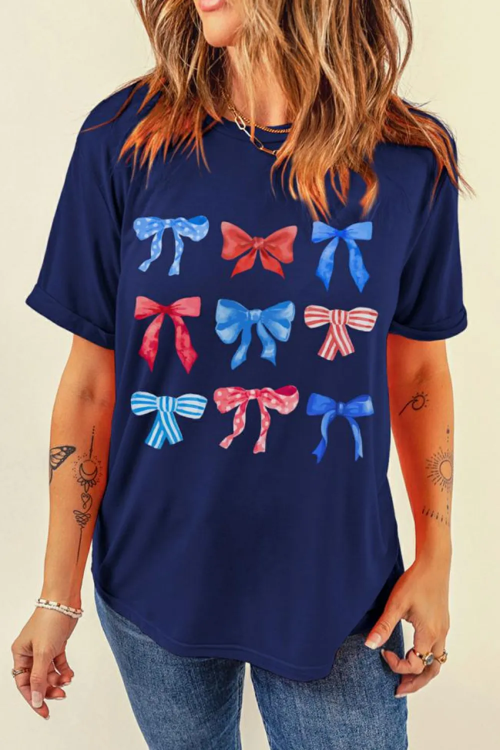 New Dear-Lover Diverse Bowknot Print Independent Day Graphic Tee Blue
