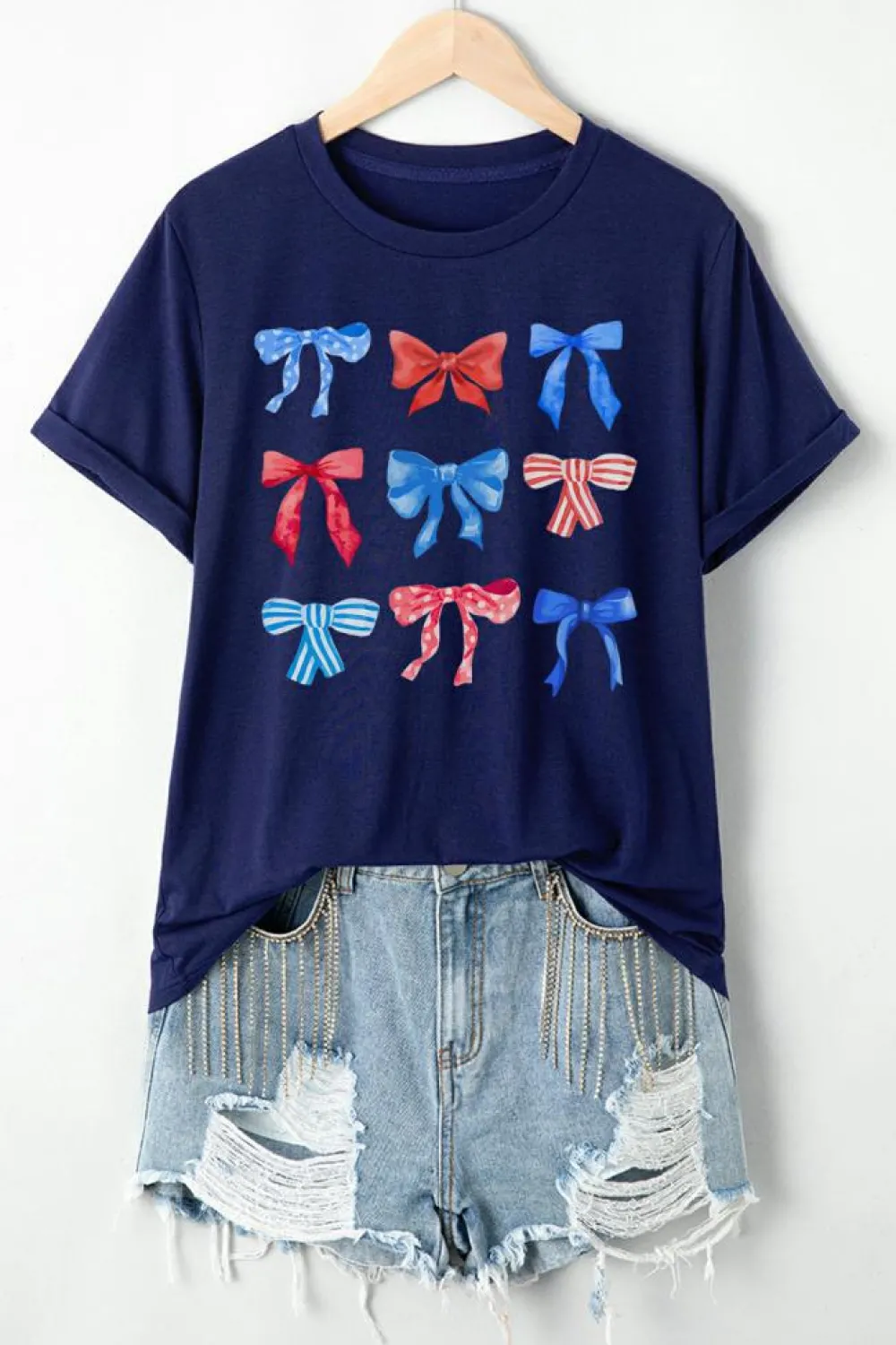 New Dear-Lover Diverse Bowknot Print Independent Day Graphic Tee Blue