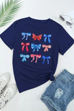 New Dear-Lover Diverse Bowknot Print Independent Day Graphic Tee Blue