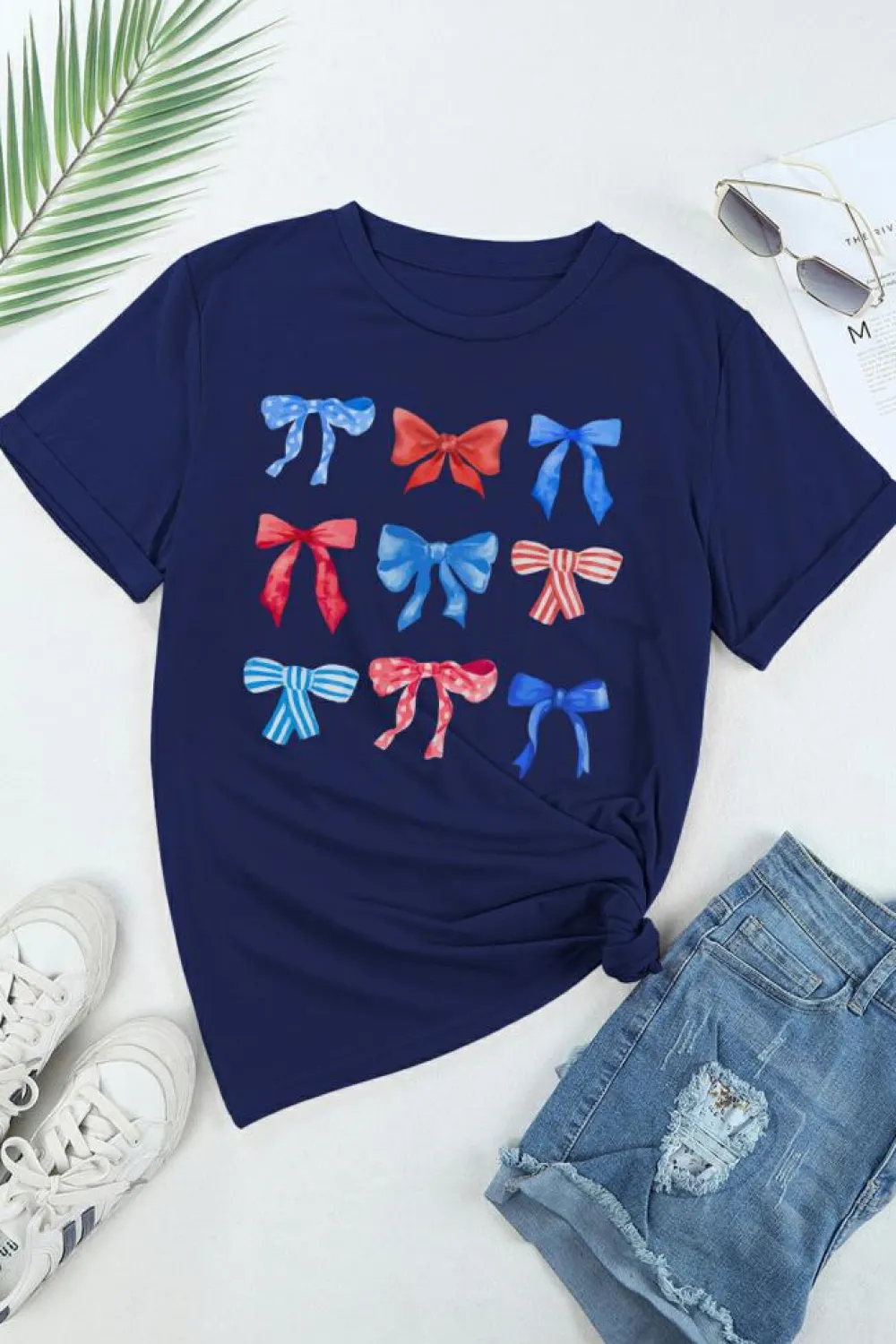 New Dear-Lover Diverse Bowknot Print Independent Day Graphic Tee Blue