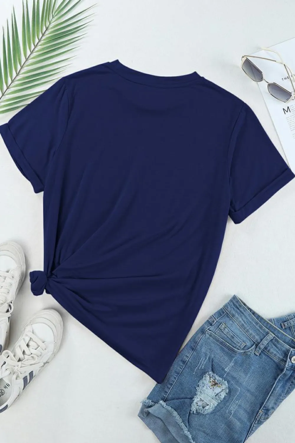 New Dear-Lover Diverse Bowknot Print Independent Day Graphic Tee Blue