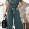 Discount Dear-Lover Dolman Button Belted V Neck Wide Leg Pocketed Jumpsuit Blue