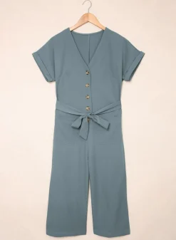Discount Dear-Lover Dolman Button Belted V Neck Wide Leg Pocketed Jumpsuit Blue