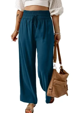 Hot Dear-Lover Drawstring Elastic Waist Casual Wide Leg Pants Blue