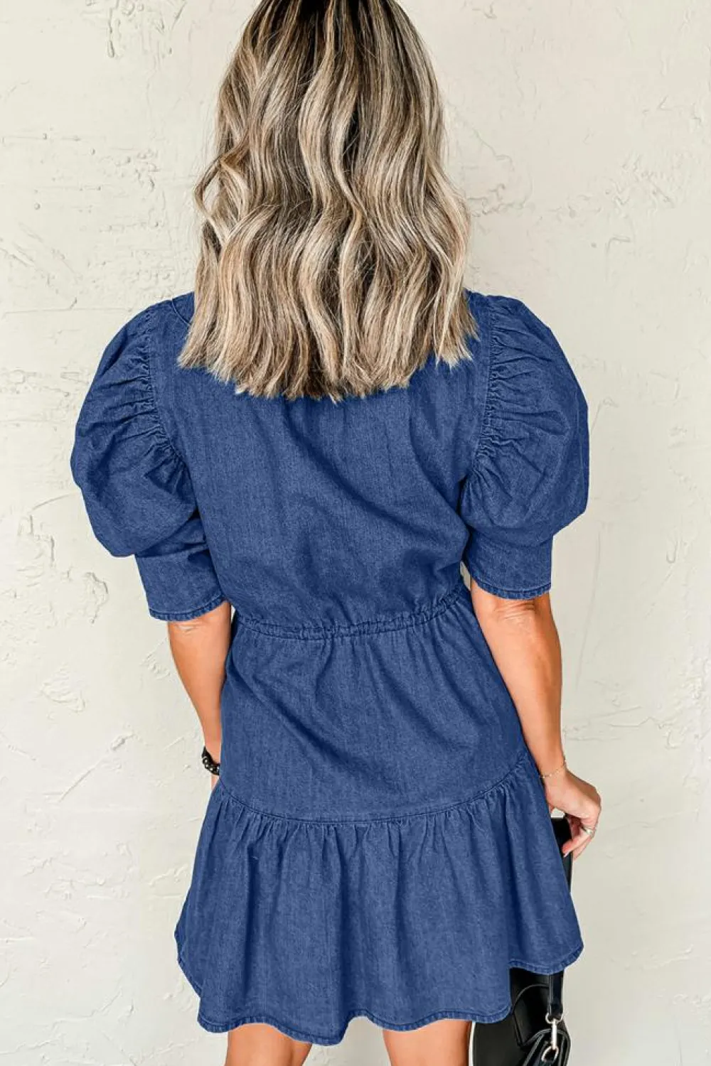 Best Dear-Lover Drawstring High Waist Puff Sleeve Denim Mini Dress Blue