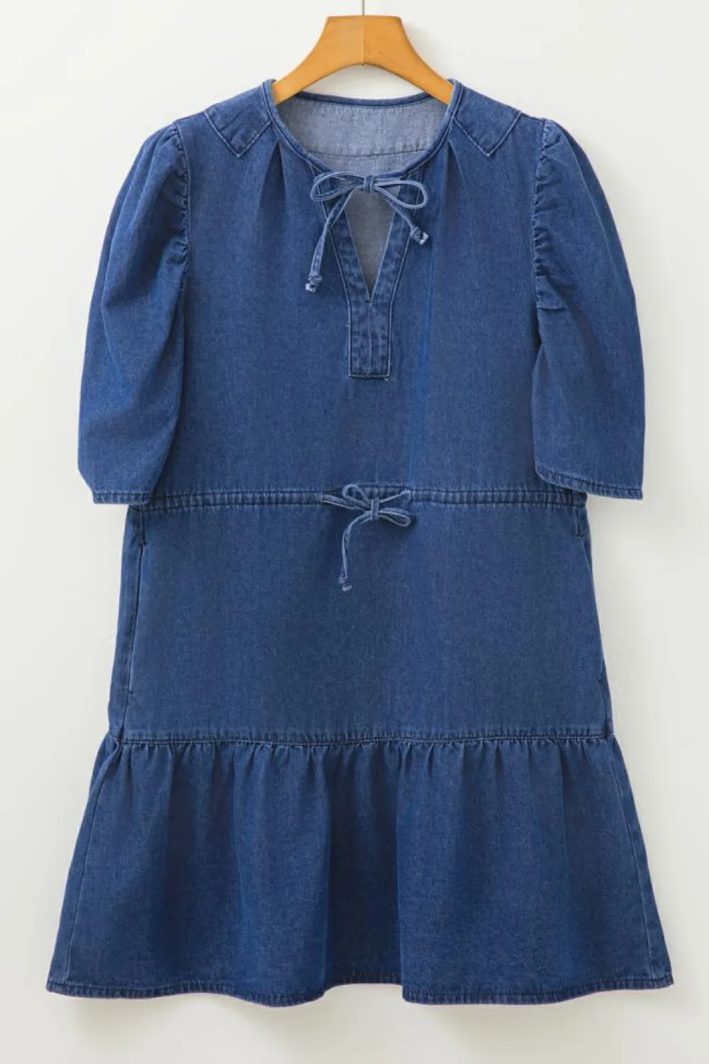 Best Dear-Lover Drawstring High Waist Puff Sleeve Denim Mini Dress Blue