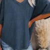 Clearance Dear-Lover Exposed Seam Half Sleeve Knitted V Neck Textured Top Blue