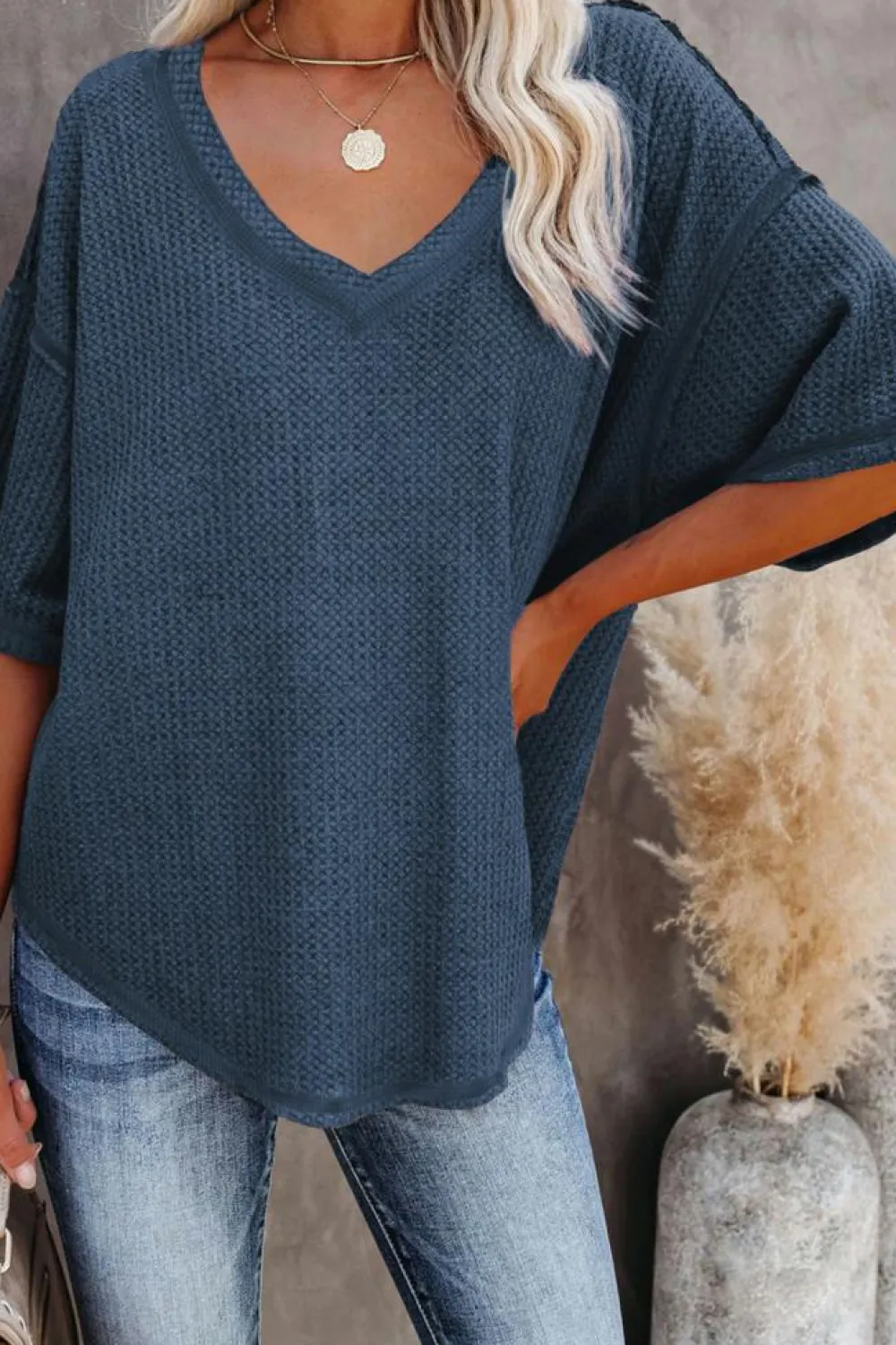 Clearance Dear-Lover Exposed Seam Half Sleeve Knitted V Neck Textured Top Blue