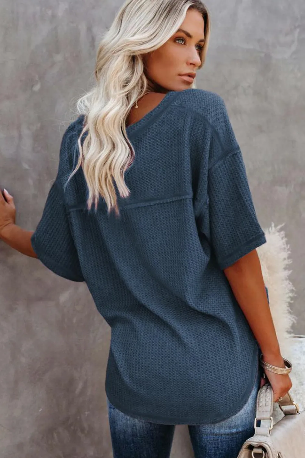 Clearance Dear-Lover Exposed Seam Half Sleeve Knitted V Neck Textured Top Blue