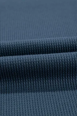 Clearance Dear-Lover Exposed Seam Half Sleeve Knitted V Neck Textured Top Blue