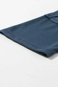Clearance Dear-Lover Exposed Seam Half Sleeve Knitted V Neck Textured Top Blue