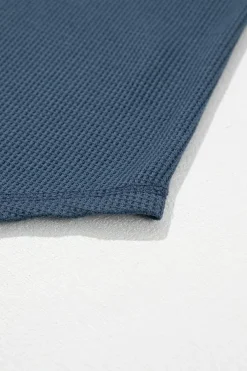 Clearance Dear-Lover Exposed Seam Half Sleeve Knitted V Neck Textured Top Blue