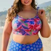 Clearance Dear-Lover Fashion Print Tied Straps Crop Vest and High Waist Plus Size Bikini Blue