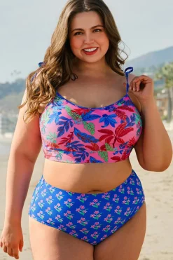 Clearance Dear-Lover Fashion Print Tied Straps Crop Vest and High Waist Plus Size Bikini Blue