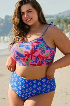 Clearance Dear-Lover Fashion Print Tied Straps Crop Vest and High Waist Plus Size Bikini Blue