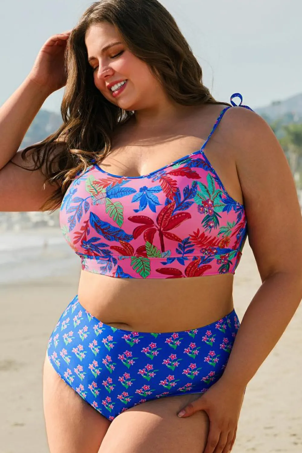 Clearance Dear-Lover Fashion Print Tied Straps Crop Vest and High Waist Plus Size Bikini Blue