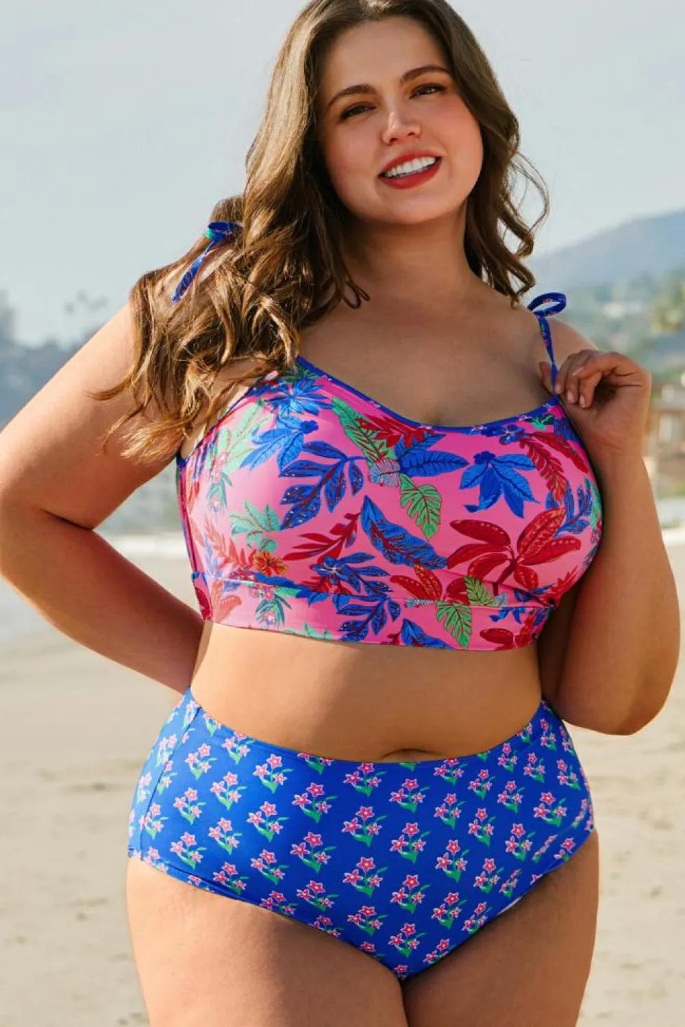 Clearance Dear-Lover Fashion Print Tied Straps Crop Vest and High Waist Plus Size Bikini Blue